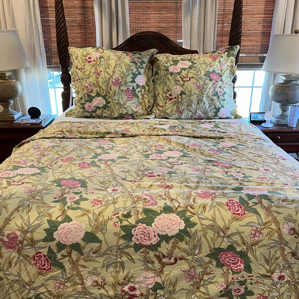 Pottery Barn Duvet & Two Euro Shams Set Green Pink Birds Floral